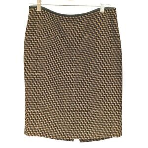 Nordstrom Collection Black Gold Geometric Print Pencil Skirt Leather Trim Size 8